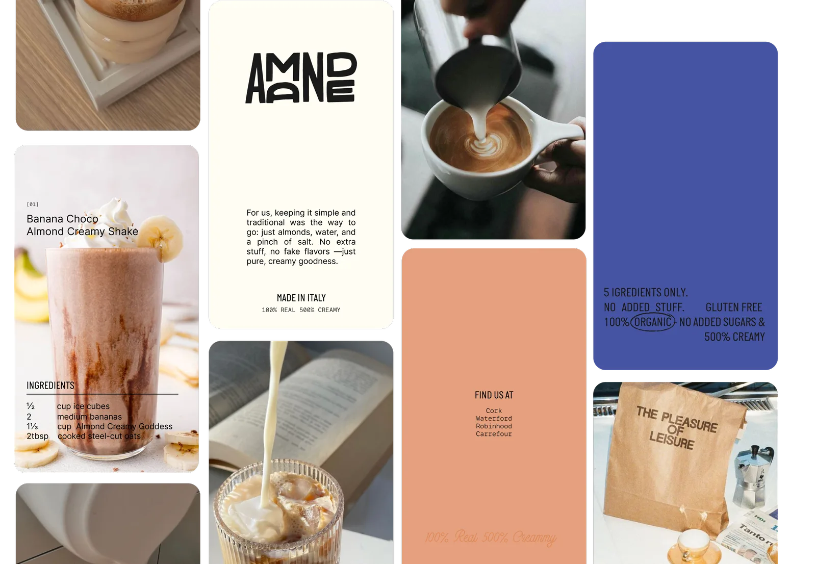 Grid del manual de marca de Amande: fotografía, wordmark, color y packaging