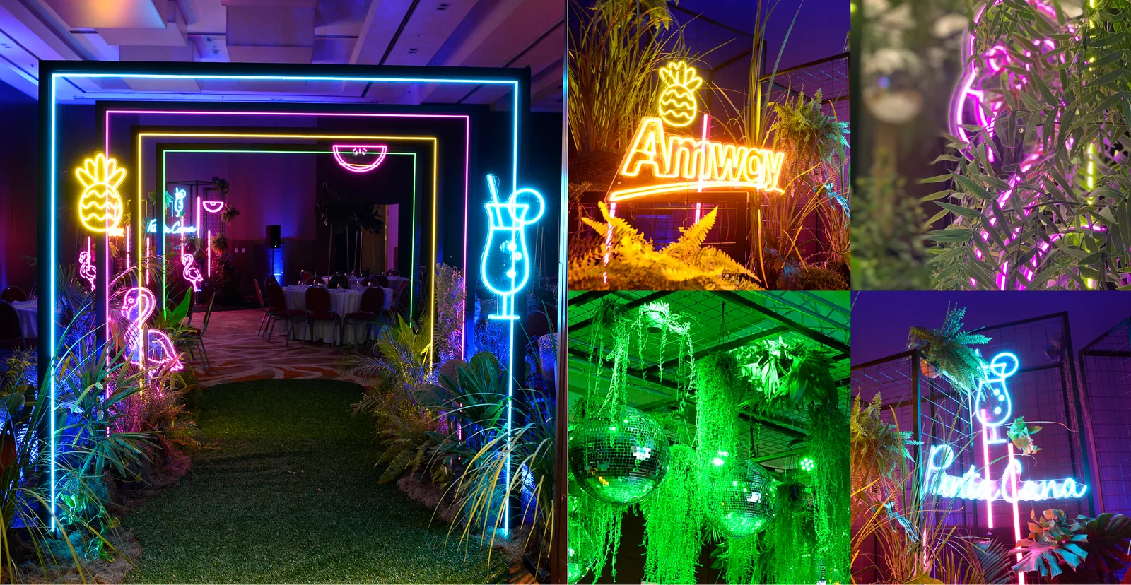 Túnel de arcos de neón y ambientación tropical del evento de Amway en el Hilton